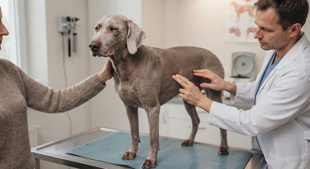 Veterinár kontroluje psa po vyšetrení kožného útvaru